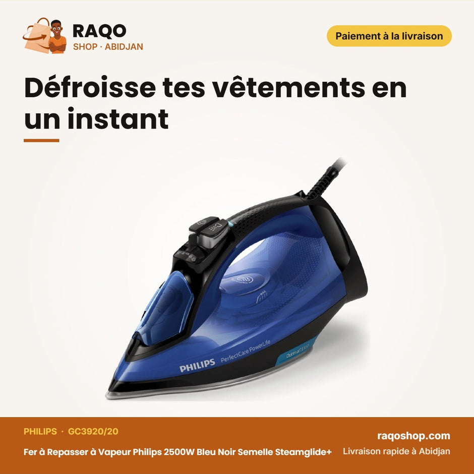 Fer à Repasser à Vapeur Philips 2500W Bleu Noir Semelle Steamglide+ – 100% Safe | GC3920/20