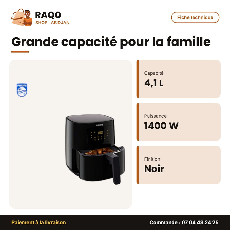 Friteuse à Air Philips 1400W 4.1 Litres – Commande Digitale – 90% Less Fat Noir | HD9252/90