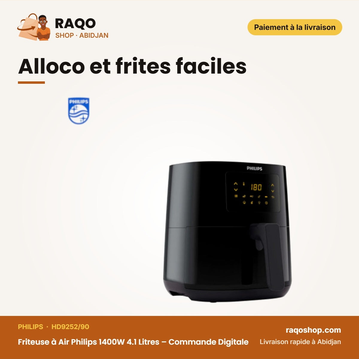 Friteuse à Air Philips 1400W 4.1 Litres – Commande Digitale – 90% Less Fat Noir | HD9252/90