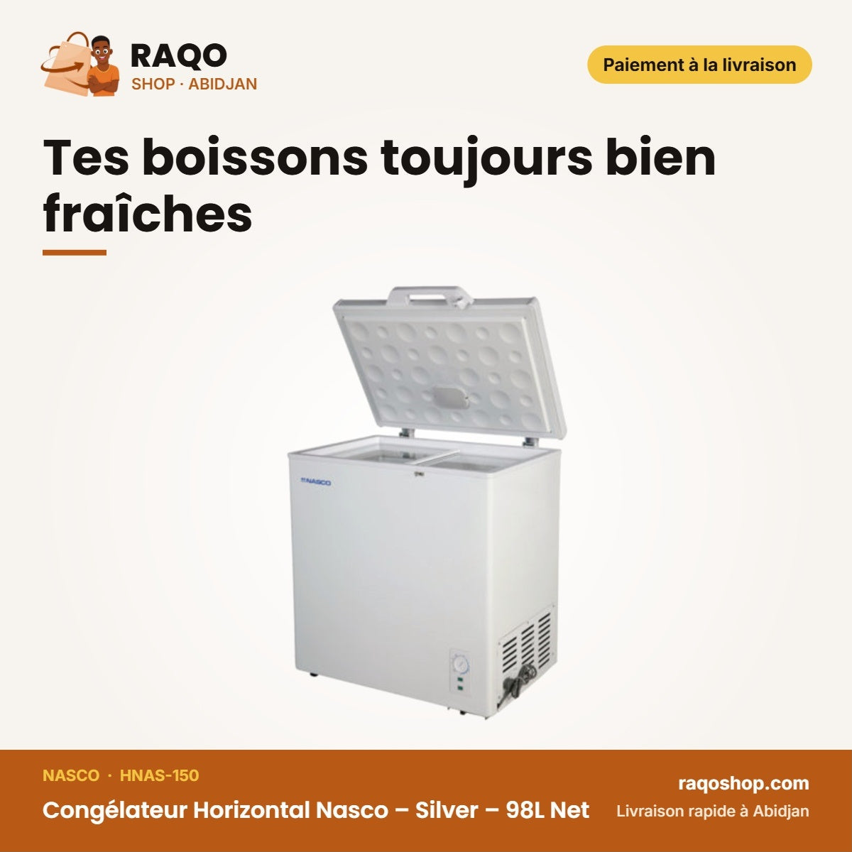 Congélateur Horizontal Nasco – Silver – 98L Net – 1 Panier Interne | HNAS-150