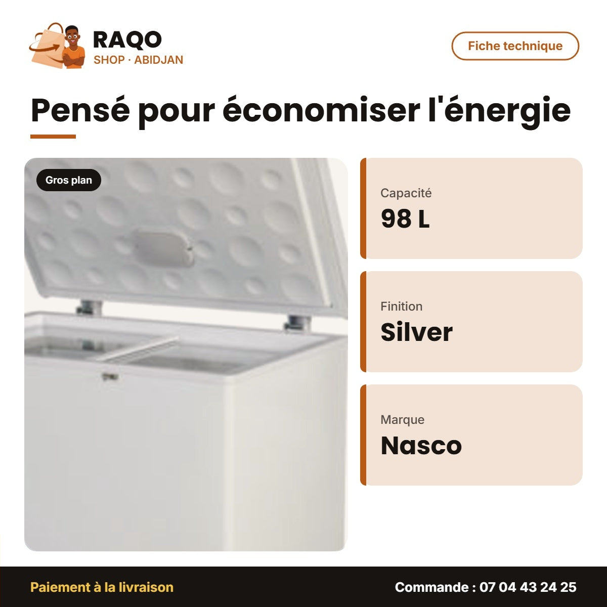 Congélateur Horizontal Nasco – Silver – 98L Net – 1 Panier Interne | HNAS-150