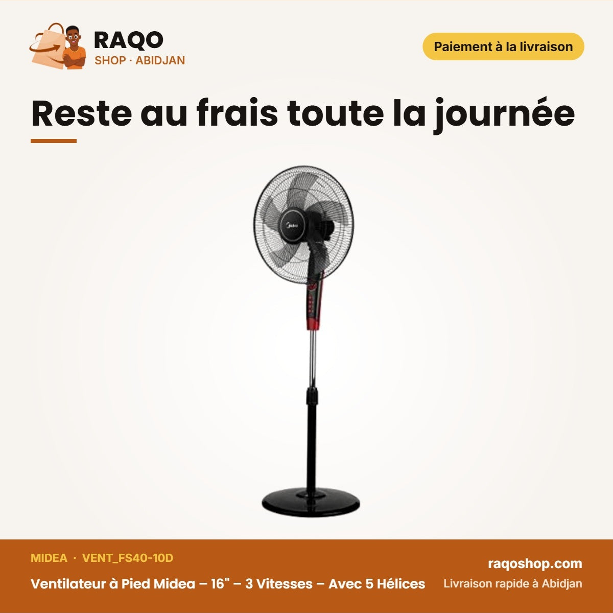 Ventilateur à Pied Midea – 16'' – 3 Vitesses – Avec 5 Hélices | VENT_FS40-10D