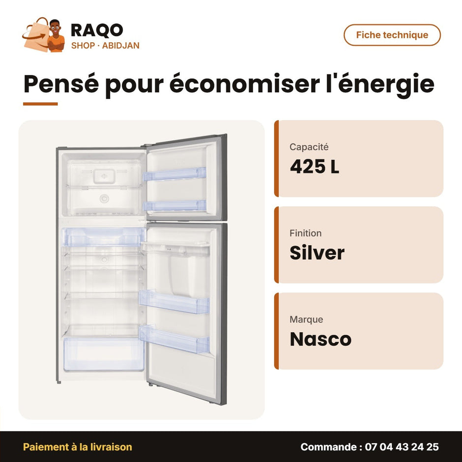 Réfrigérateur Nasco – Silver – No Frost – 425L Net (330LT+95LT) | HNASFC2-54D