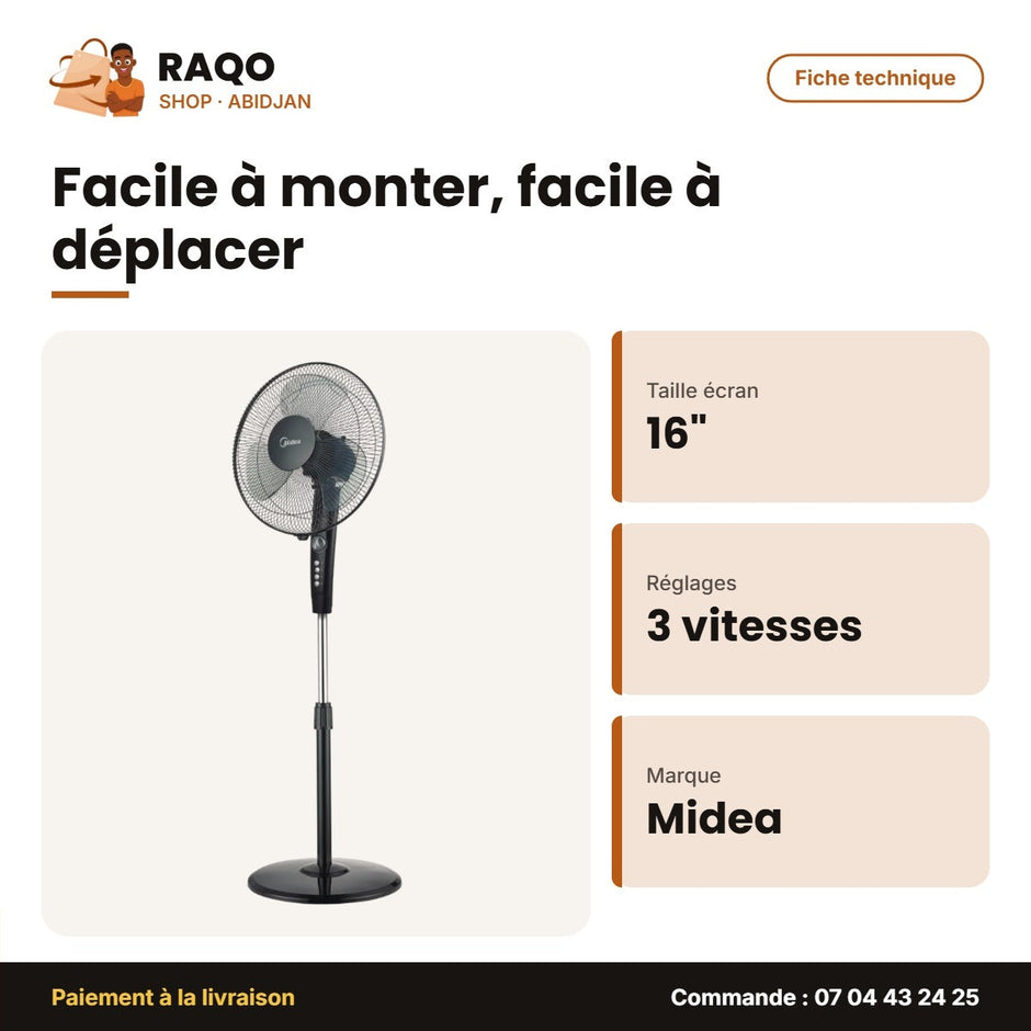 Ventilateur à Pied Midea – 16'' – 3 Vitesses – Avec 5 Hélices | VENT_FS40-10D