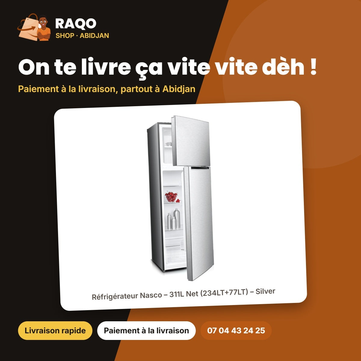 Réfrigérateur Nasco – 311L Net (234LT+77LT) – Silver – Avec Clé | HNASF2-45