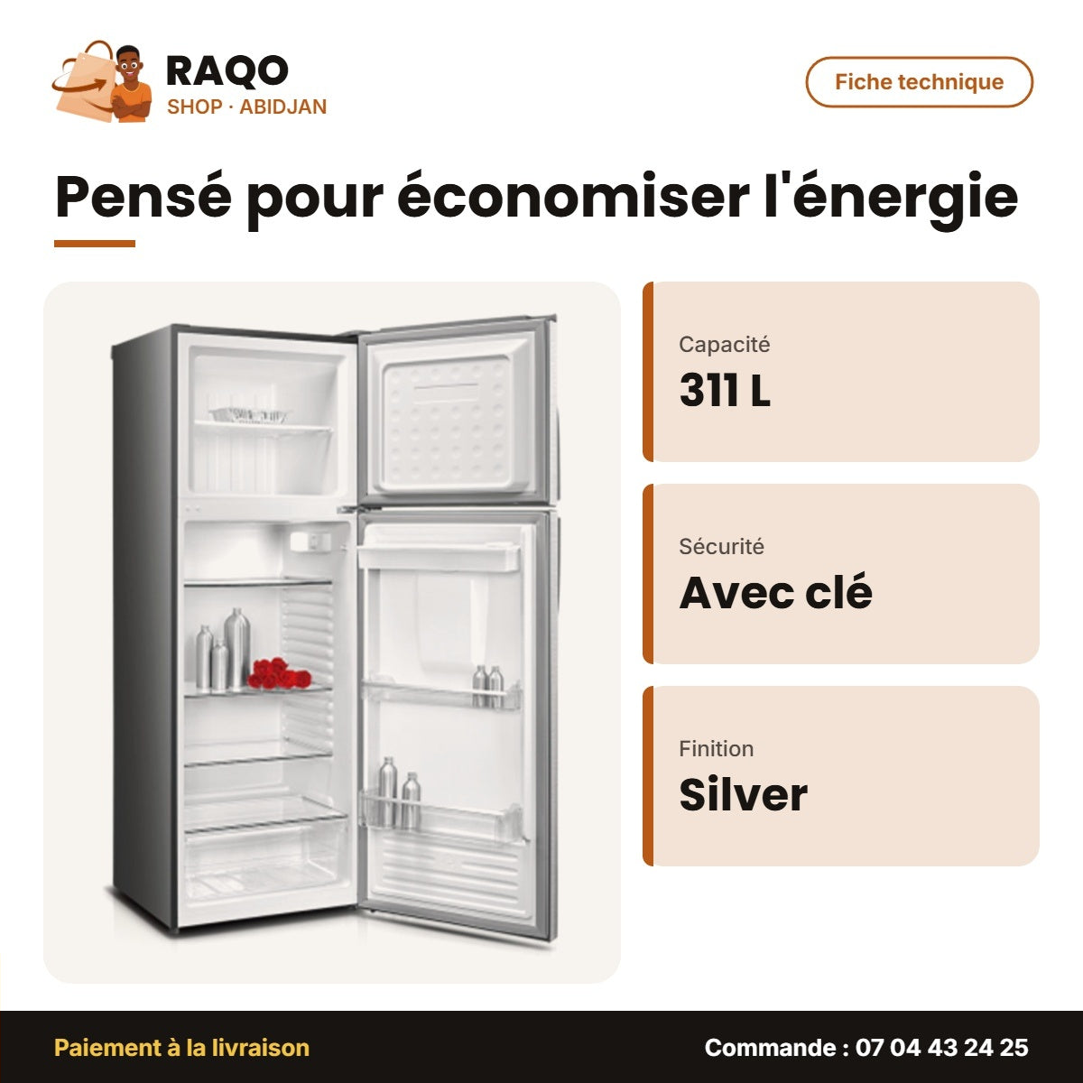Réfrigérateur Nasco – 311L Net (234LT+77LT) – Silver – Avec Clé | HNASF2-45