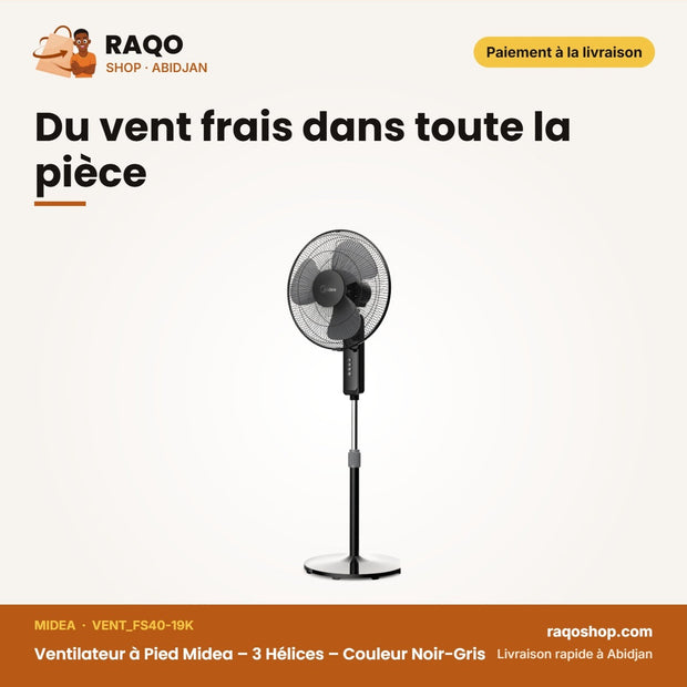 Ventilateur à Pied Midea – 3 Hélices – Couleur Noir-Gris – 3 Vitesses | VENT_FS40-19K