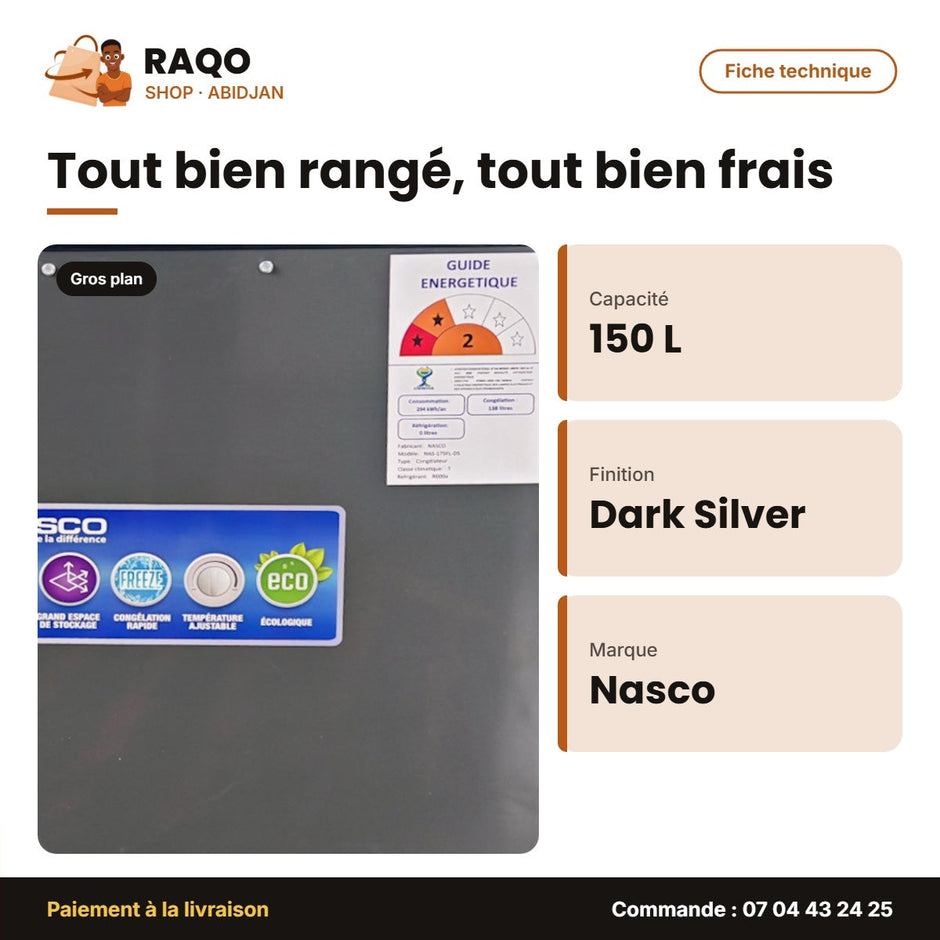 Congélateur Horizontal Nasco – Dark Silver – 150L(100L Net) – 1 Porte | NAS-150FL-DS