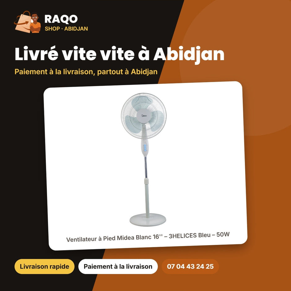 Ventilateur à Pied Midea Blanc 16'' – 3HELICES Bleu – 50W | VENT_FS40-12P