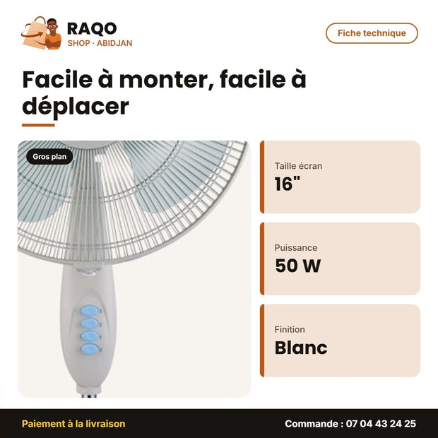 Ventilateur à Pied Midea Blanc 16'' – 3HELICES Bleu – 50W | VENT_FS40-12P