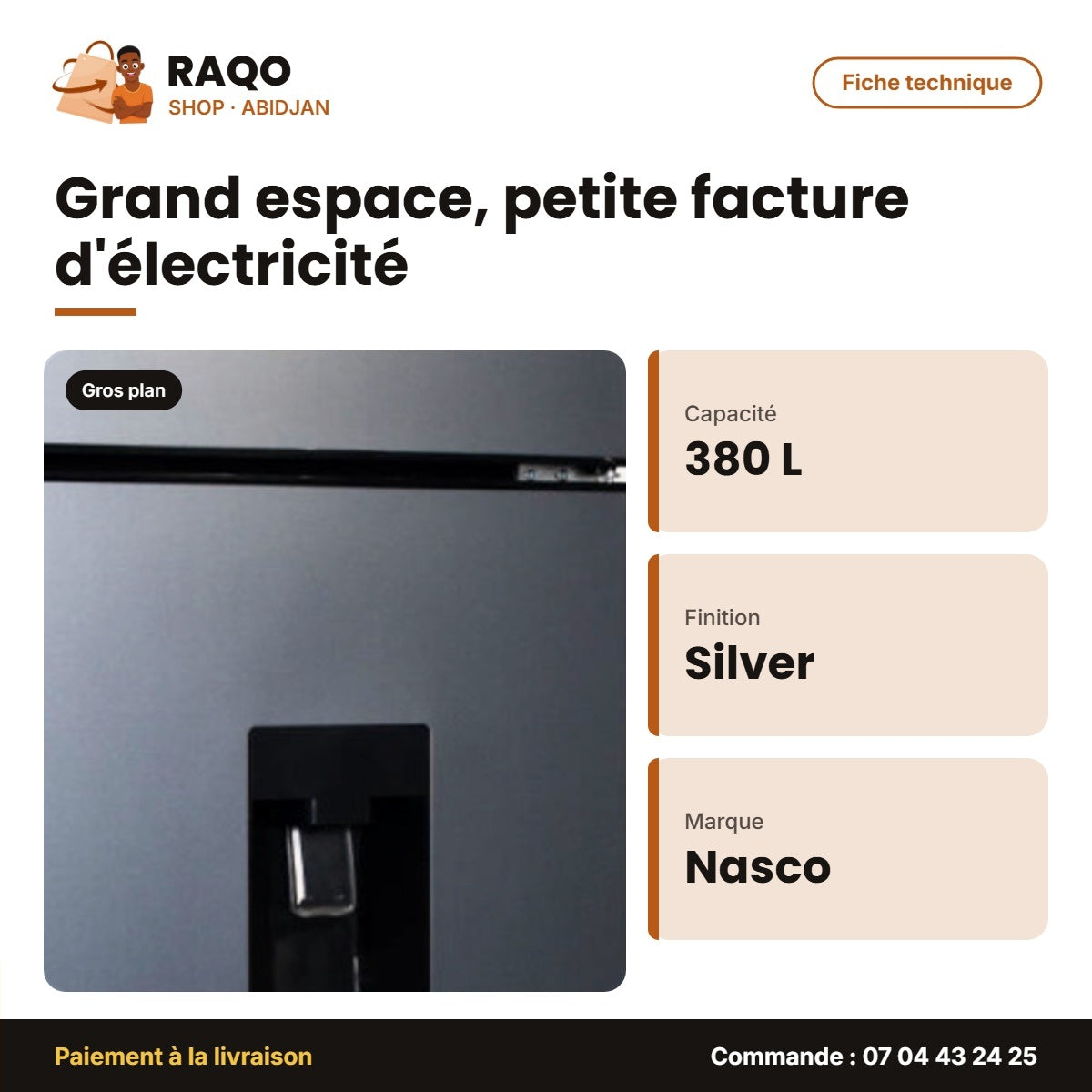 Réfrigérateur Nasco – 380L – 2 Portes – Silver | NASF2-380WD-FL