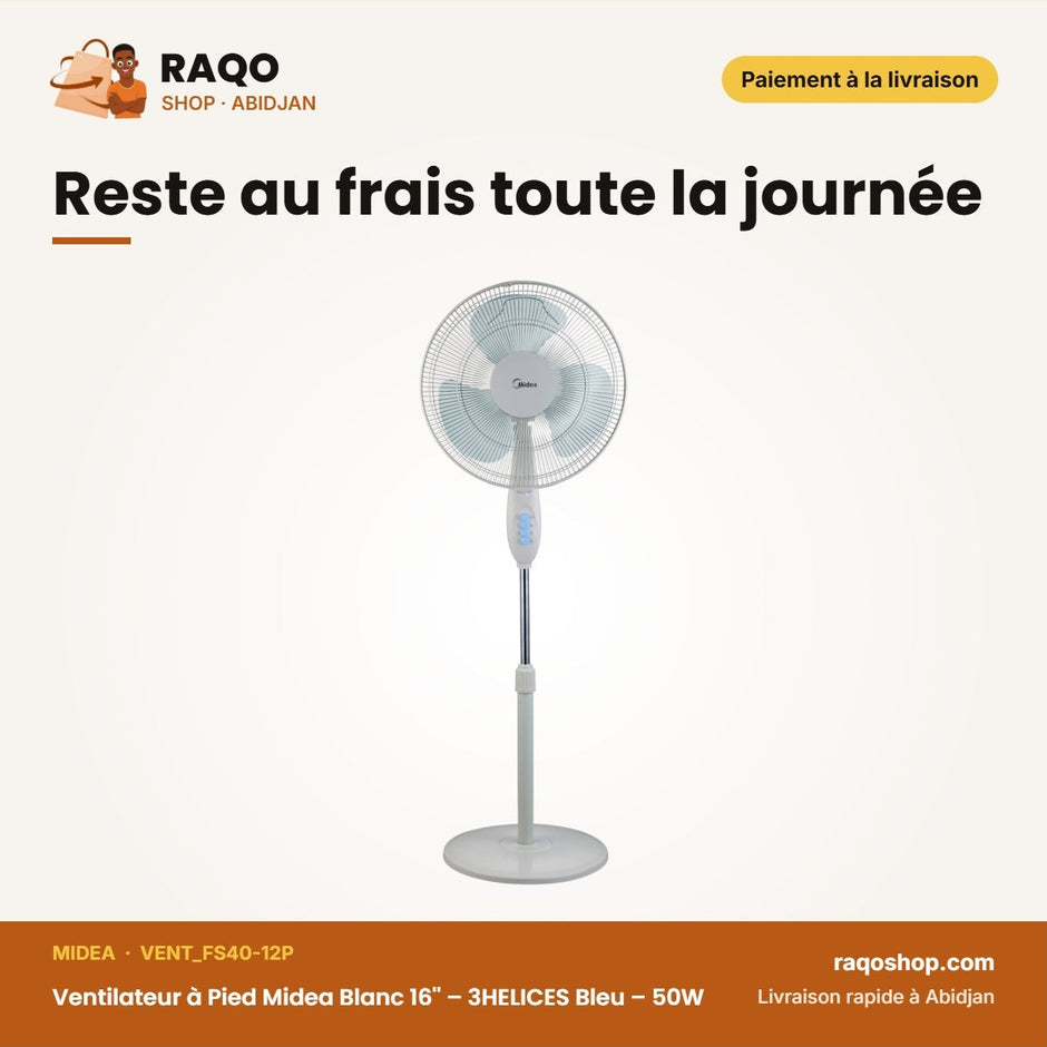 Ventilateur à Pied Midea Blanc 16'' – 3HELICES Bleu – 50W | VENT_FS40-12P