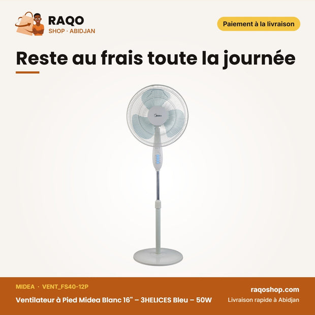 Ventilateur à Pied Midea Blanc 16'' – 3HELICES Bleu – 50W | VENT_FS40-12P