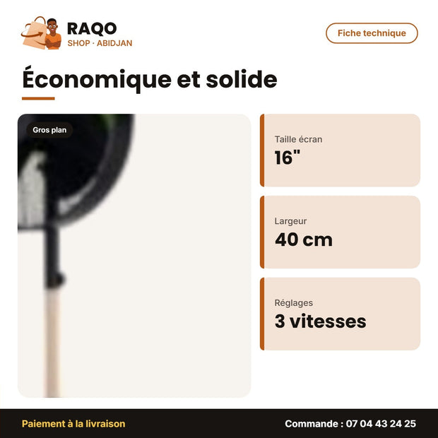 Ventilateur Nasco 16'' Trepied(haut. 40cm) – 3 Vitesses – 3 Hélices – Bois-Noir | VENT_FD-40ME