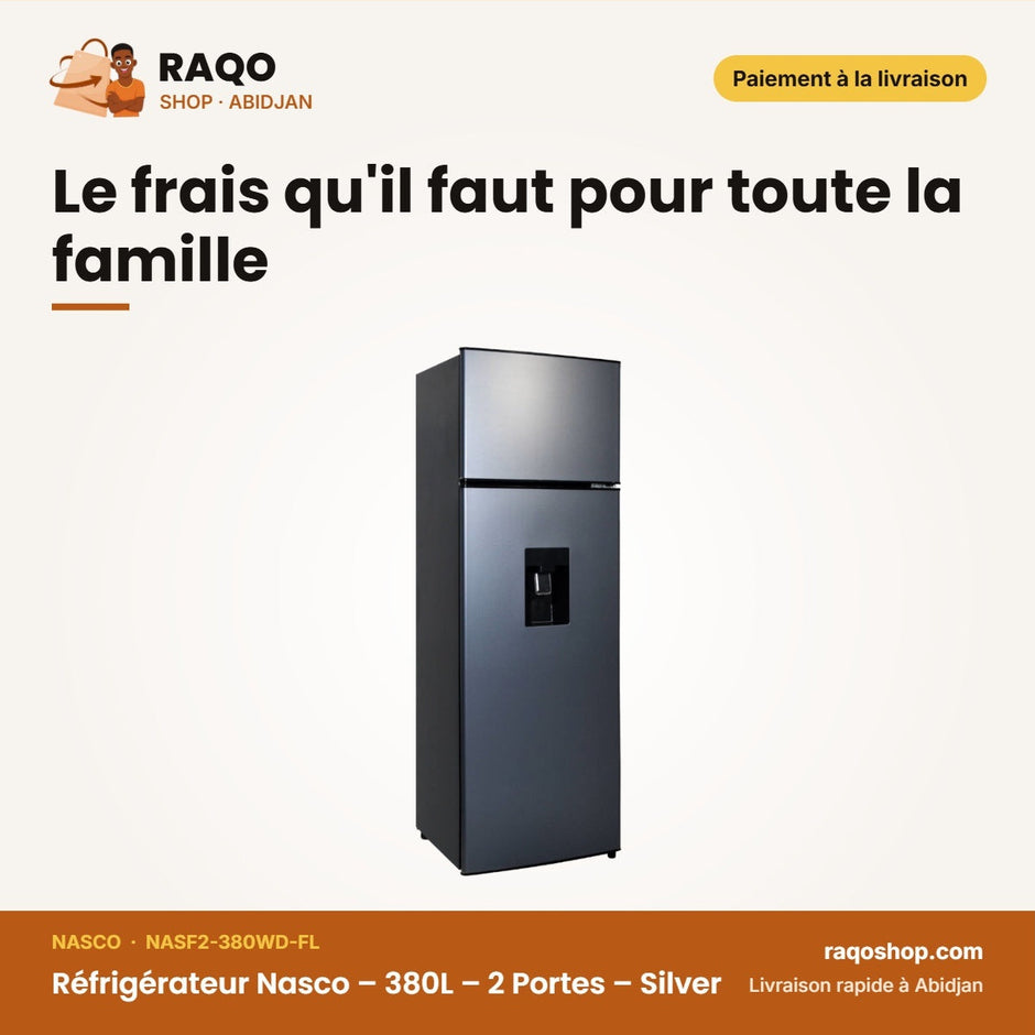 Réfrigérateur Nasco – 380L – 2 Portes – Silver | NASF2-380WD-FL