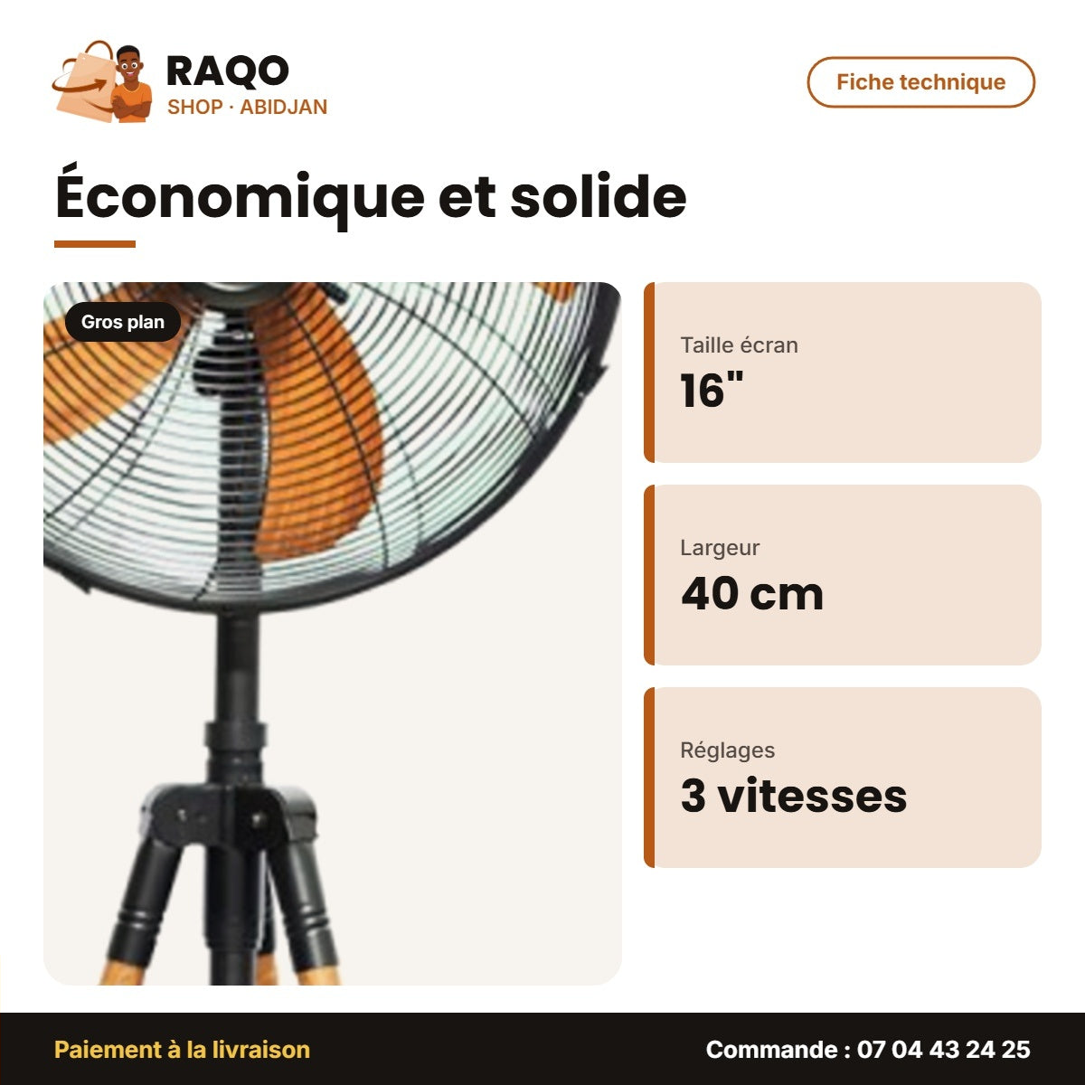Ventilateur Nasco 16'' Trepied(haut. 40cm) – 3 Vitesses – 5 Hélices | VENT_FD-40MC