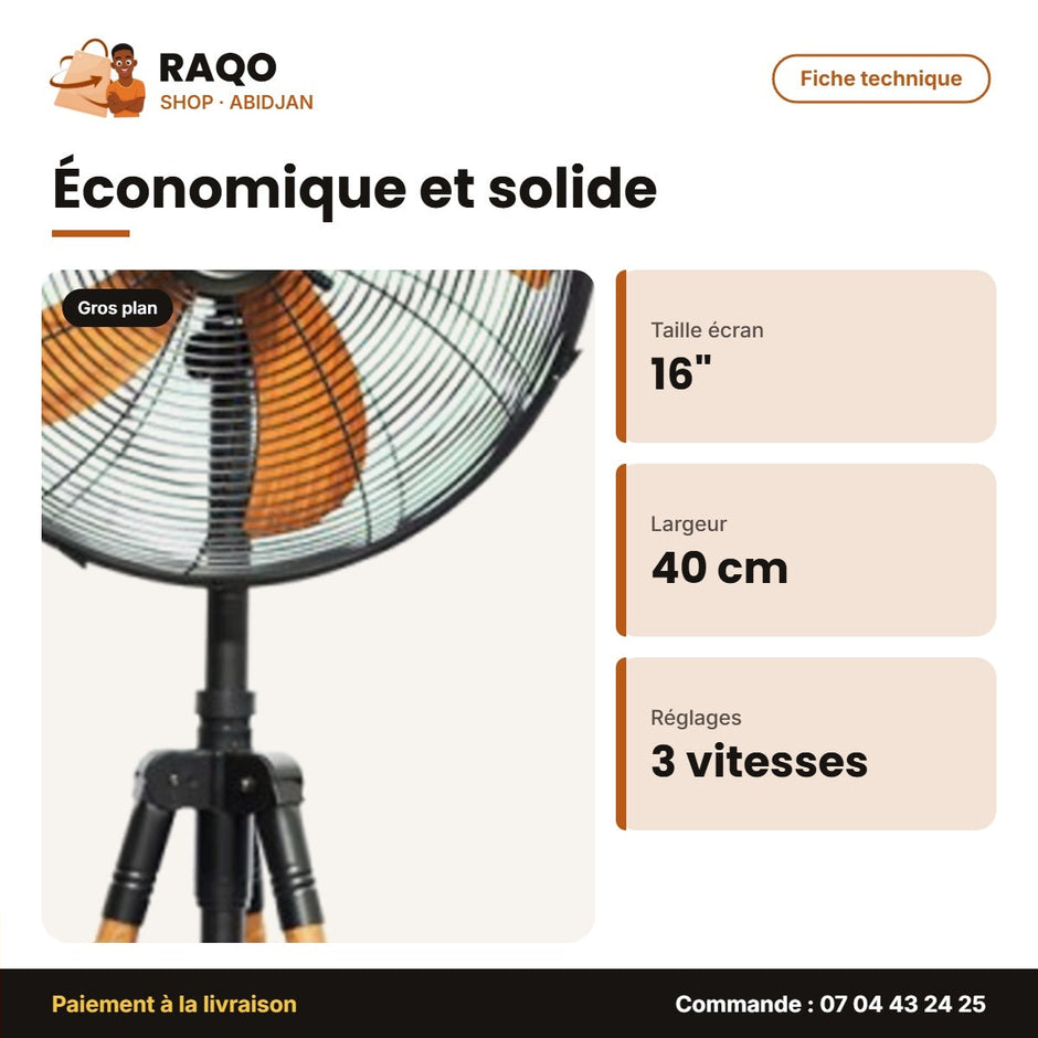 Ventilateur Nasco 16'' Trepied(haut. 40cm) – 3 Vitesses – 5 Hélices | VENT_FD-40MC