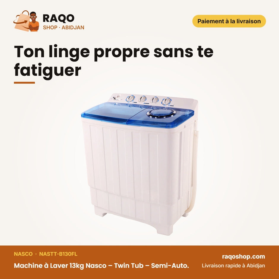 Machine à Laver 13kg Nasco – Twin Tub – Semi-Auto. – Séchage Express | NASTT-B130FL