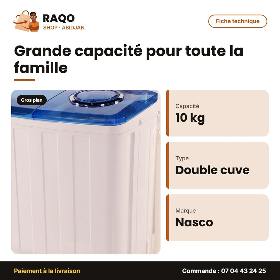 Machine à Laver 10kg Nasco – Twin Tub – Semi-Auto. – Séchage Express | NASTT-B100FL