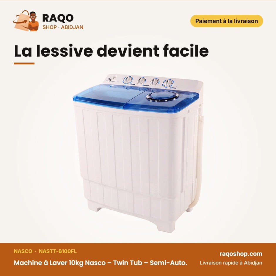 Machine à Laver 10kg Nasco – Twin Tub – Semi-Auto. – Séchage Express | NASTT-B100FL