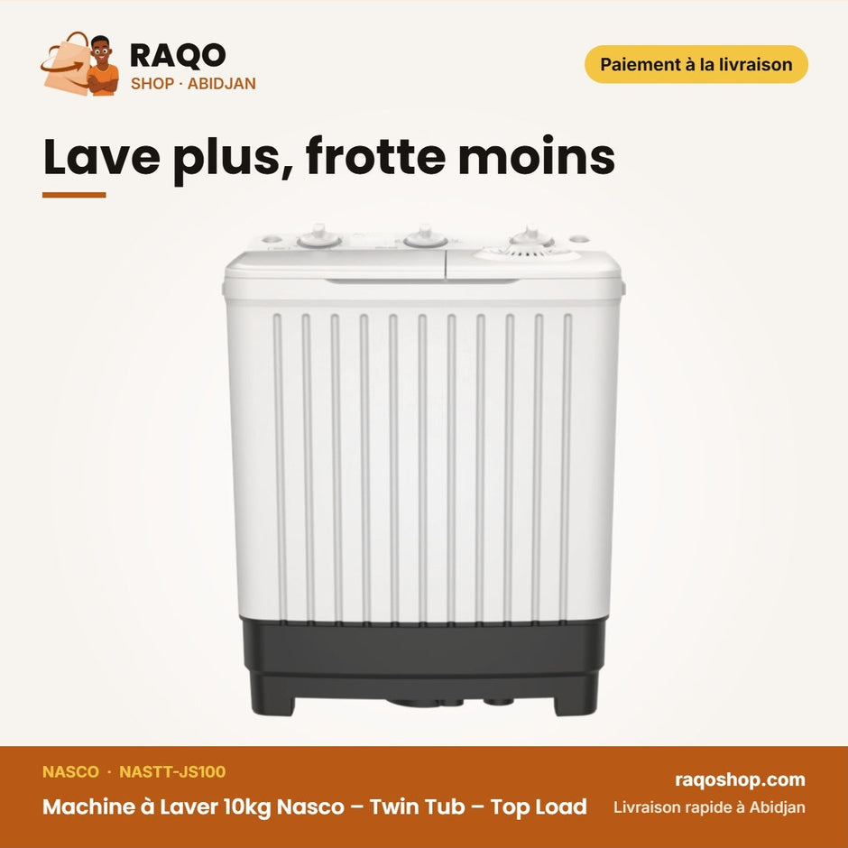 Machine à Laver 10kg Nasco – Twin Tub – Top Load – Lavage 10KG-ESSORAGE 6kg | NASTT-JS100
