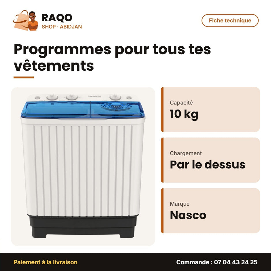Machine à Laver 10kg Nasco – Twin Tub – Top Load – Lavage 10KG-ESSORAGE 6kg | NASTT-JS100