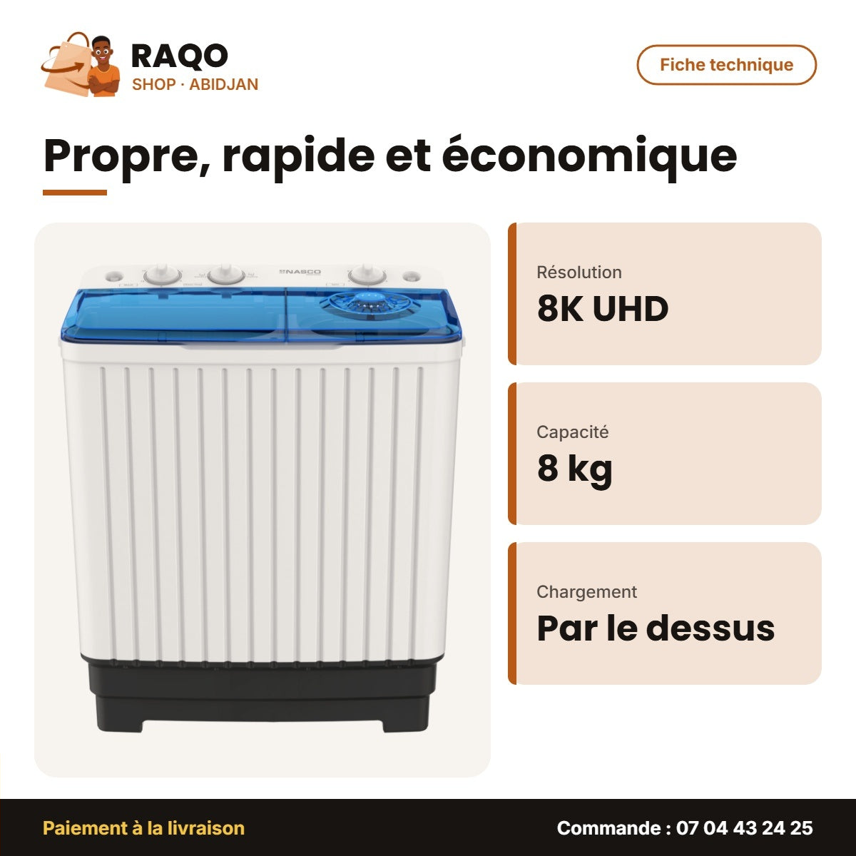 Machine à Laver 8kg Nasco – Twin Tub – Top Load – Lavage 8KG-ESSORAGE 5kg | NASTT-JS80GR