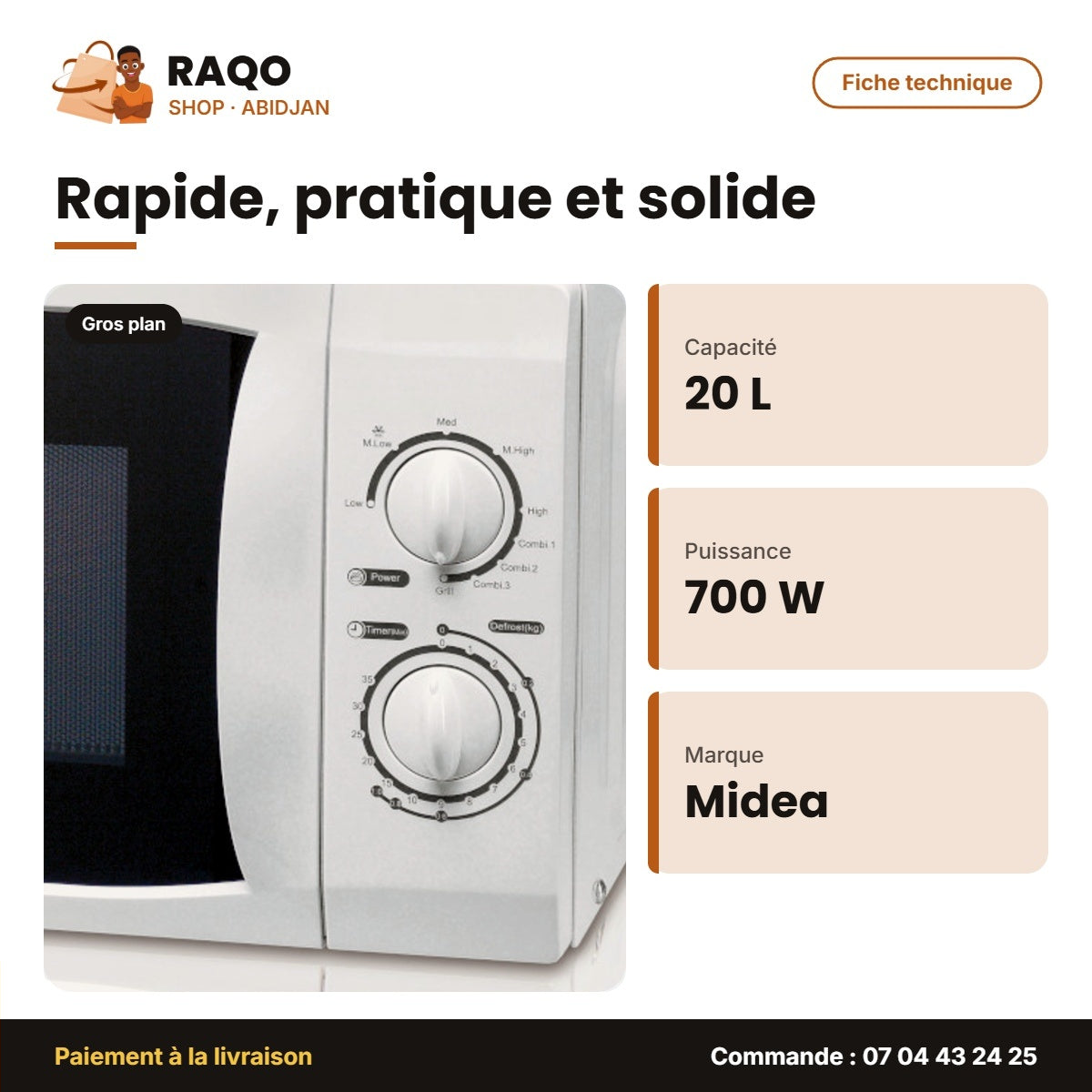 Four à Micro-Onde Midea – 20L – 700W-230V – 5 Power Levels | MG720CFB