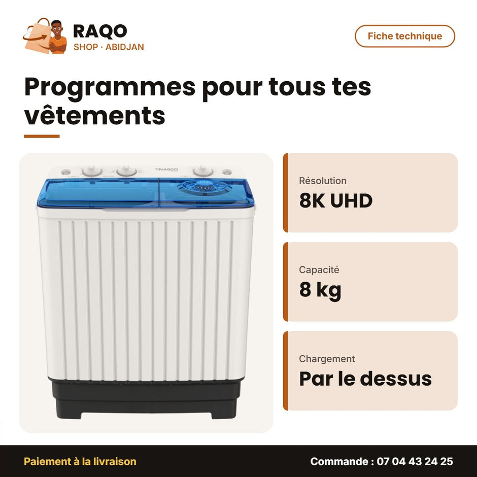 Machine à Laver 8kg Nasco – Twin Tub – Top Load – Lavage 8KG-ESSORAGE 5kg | NASTT-JS80