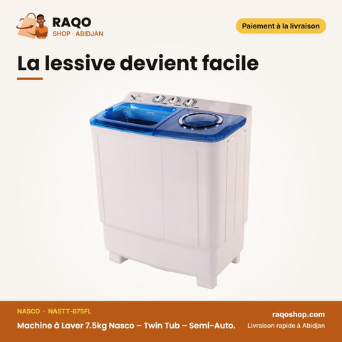 Machine à Laver 7.5kg Nasco – Twin Tub – Semi-Auto. – Séchage Express | NASTT-B75FL