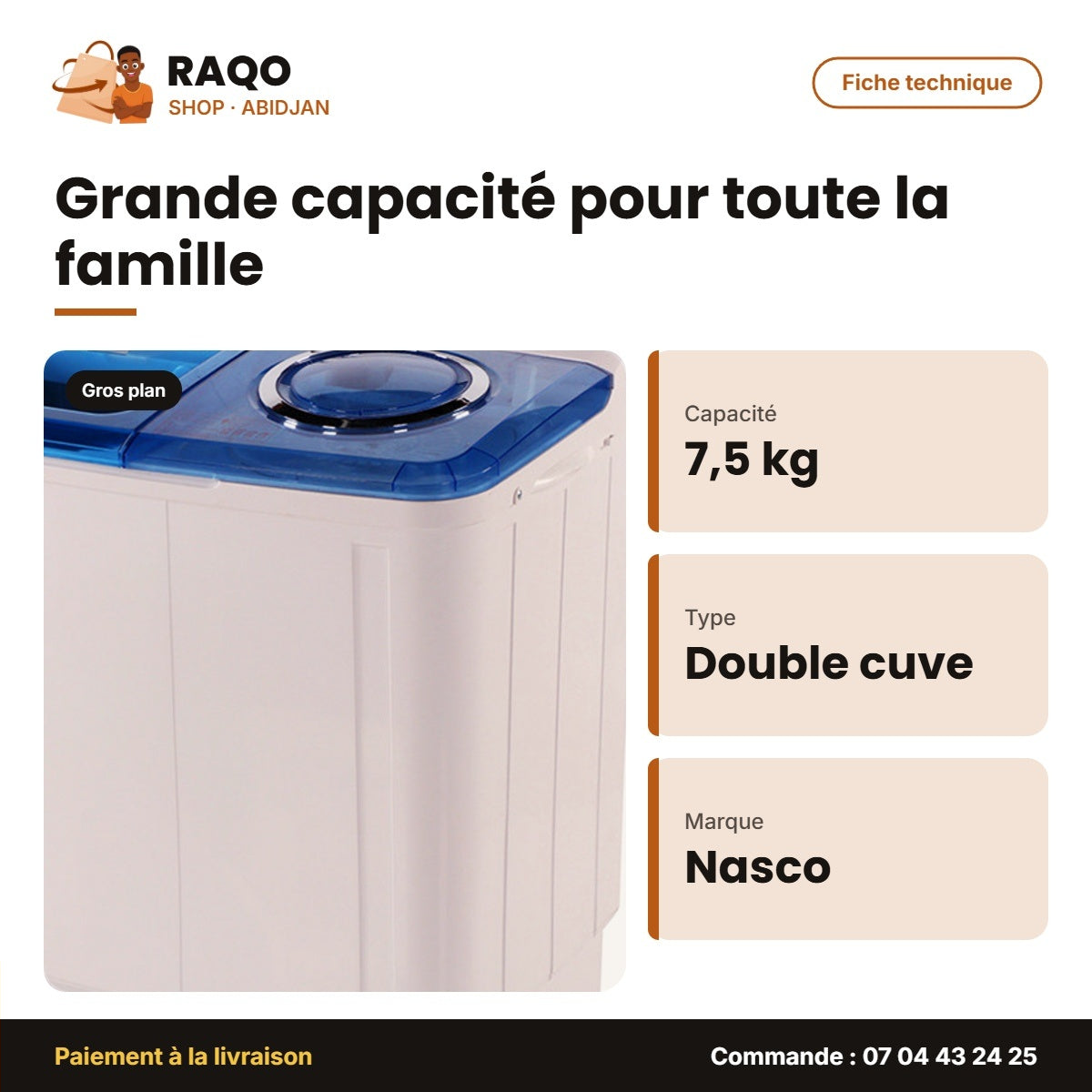 Machine à Laver 7.5kg Nasco – Twin Tub – Semi-Auto. – Séchage Express | NASTT-B75FL