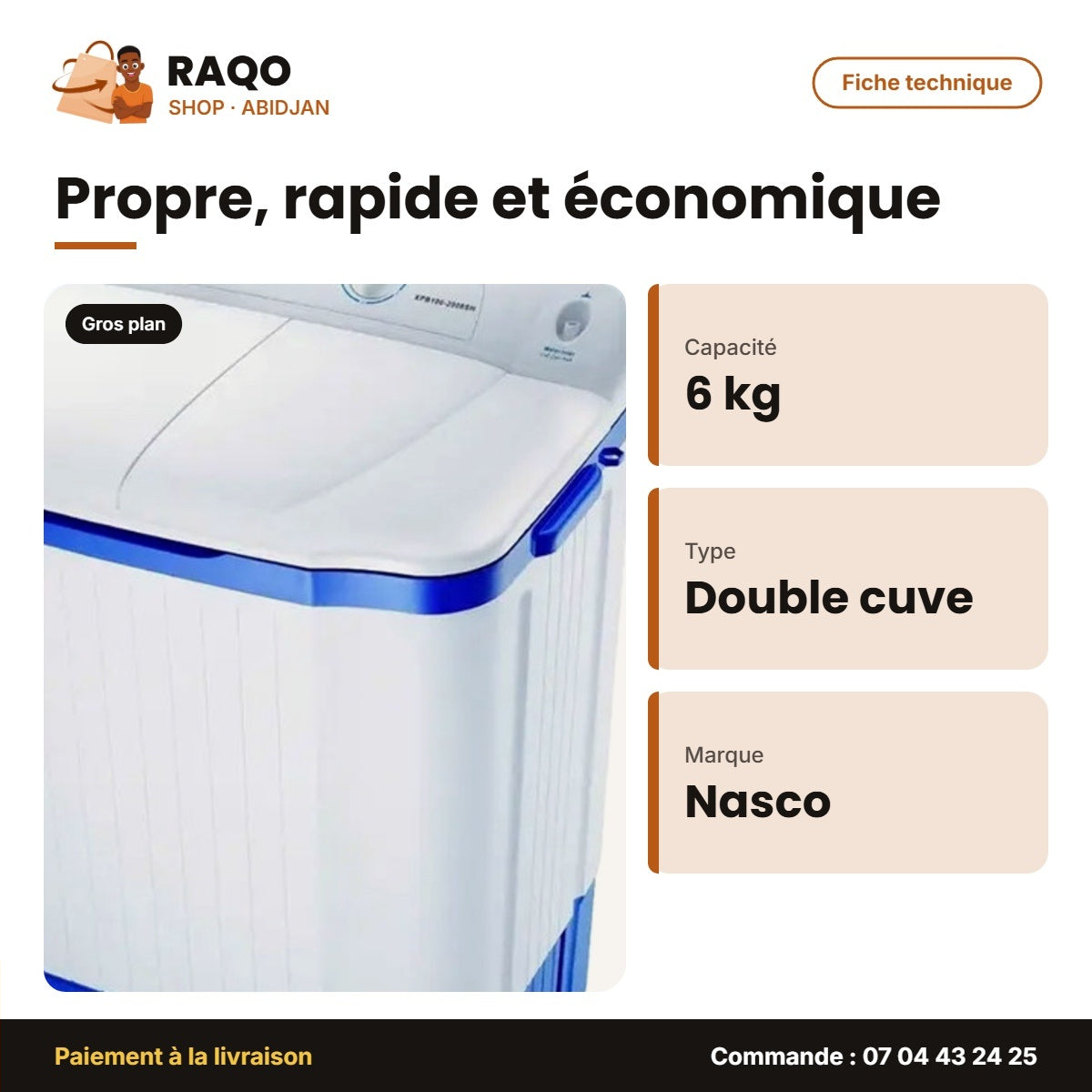 Machine à Laver 6kg Nasco – Twin Tub – Semi-Autom. – Séchage Express | NASTT-B60FL