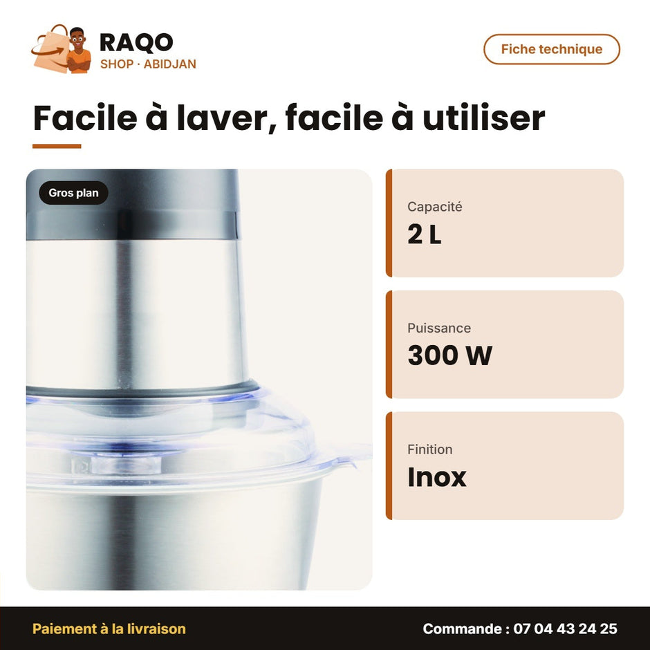 Mini Hachoir Nasco – 2L – Bol en Acier Inoxydable – 300W | MC373B-GS