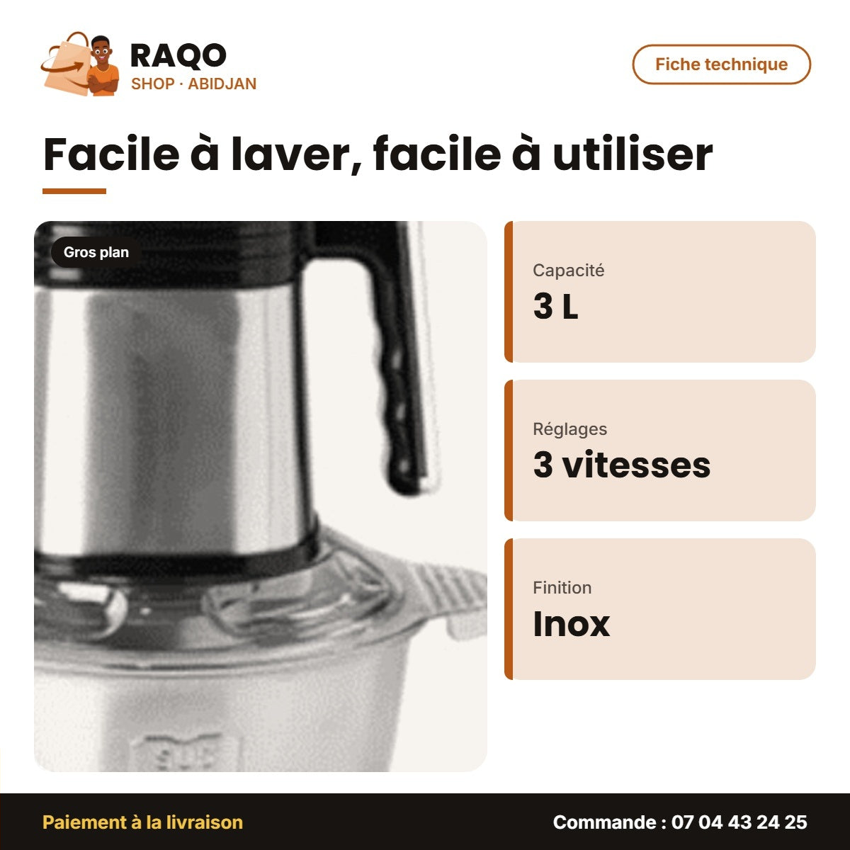 Hachoir Nasco – 3 L – Acier Inoxydable – 3 Vitesses | NAS-CH907-3L-TMT