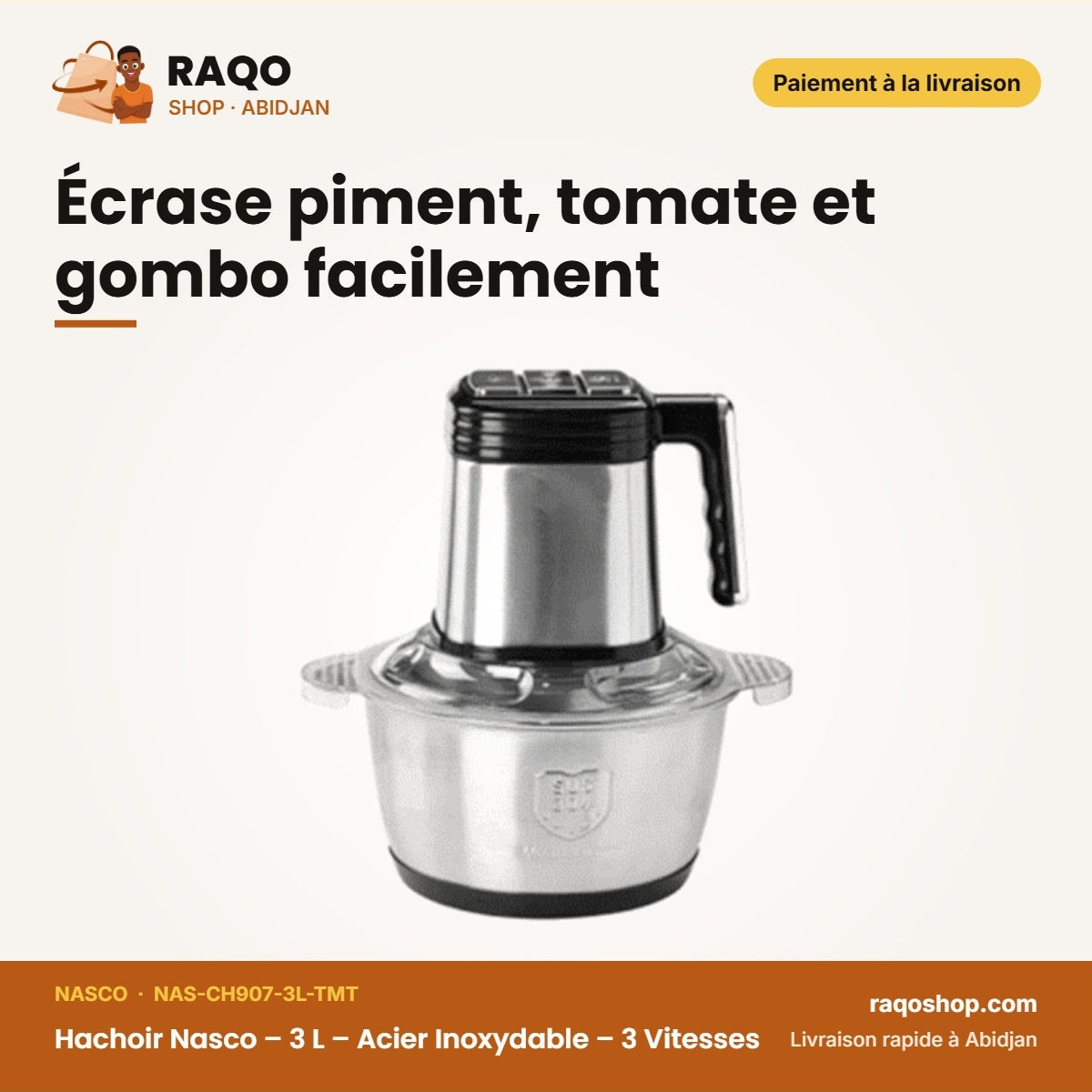 Hachoir Nasco – 3 L – Acier Inoxydable – 3 Vitesses | NAS-CH907-3L-TMT