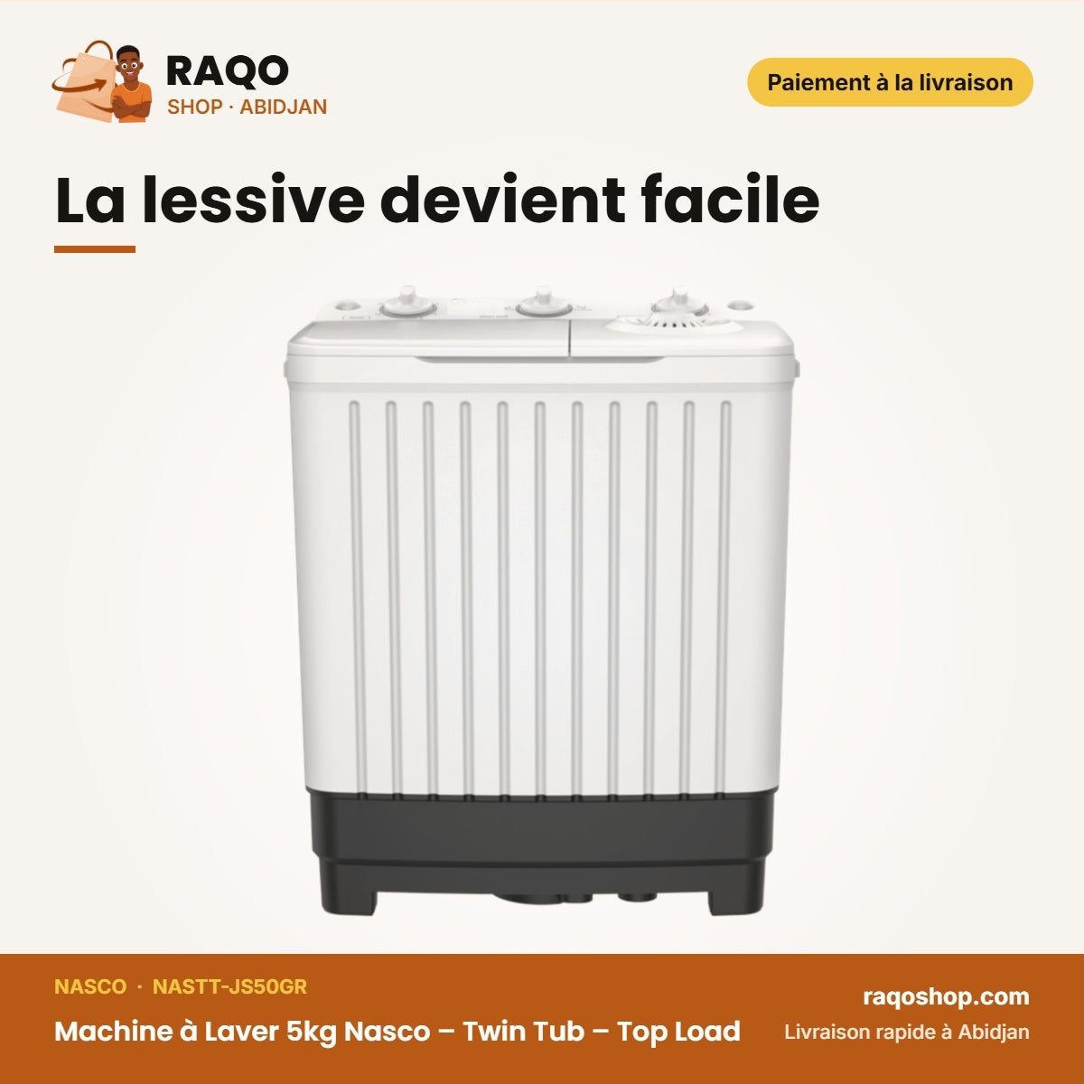 Machine à Laver 5kg Nasco – Twin Tub – Top Load – Lavage 5KG-ESSORAGE 3kg | NASTT-JS50GR