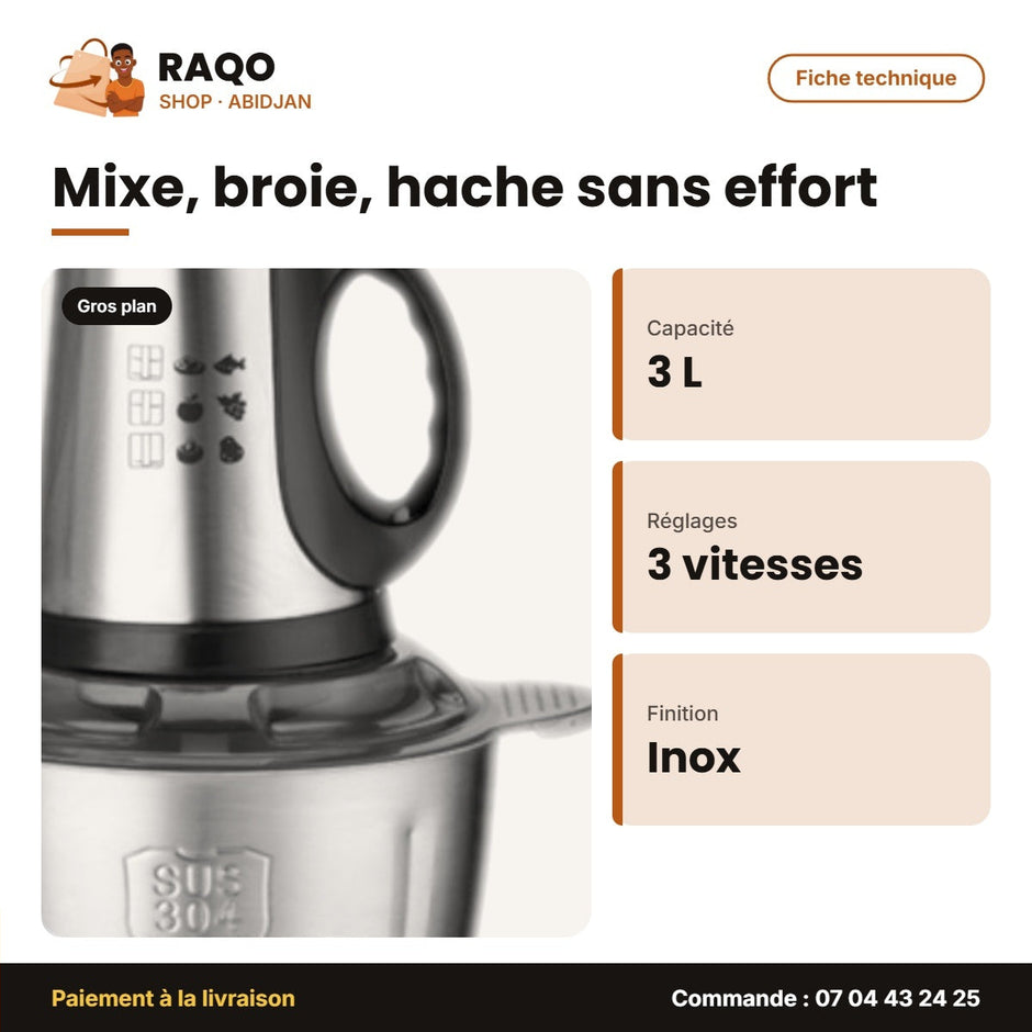 Hachoir Nasco – 3 L – Acier Inoxydable – 3 Vitesses | NAS-CH040-3L-TMT