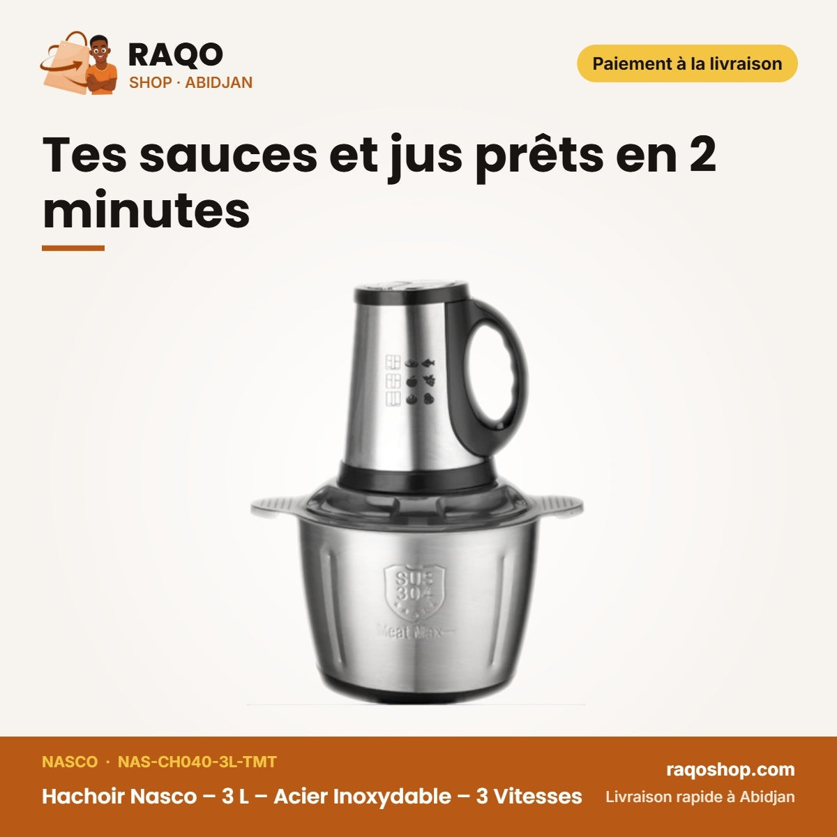 Hachoir Nasco – 3 L – Acier Inoxydable – 3 Vitesses | NAS-CH040-3L-TMT