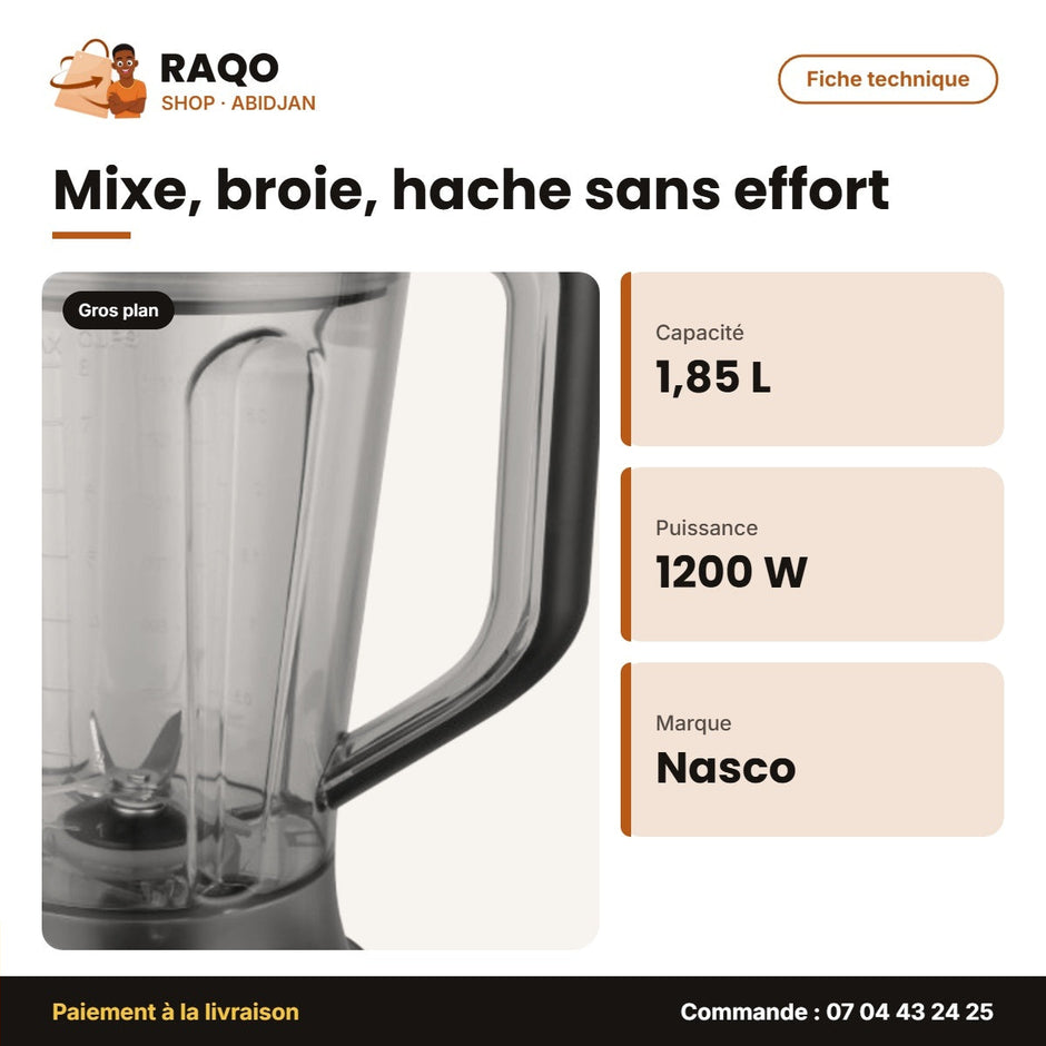 Mixeur Nasco – 1.85L – 1200W – Corps en Plastique | BL9011-CB