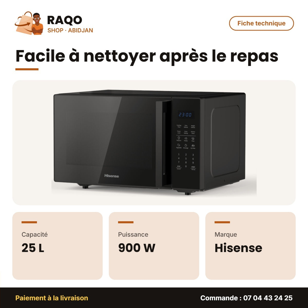 Micro-Onde Hisense – 25 Litres – 900W – Noire | H25MOBS7H