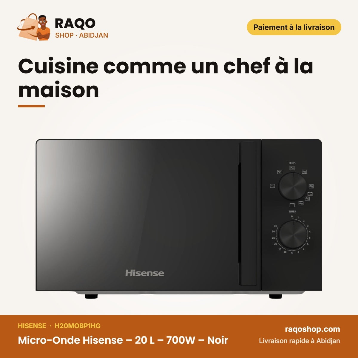 Micro-Onde Hisense – 20 L – 700W – Noir | H20MOBP1HG