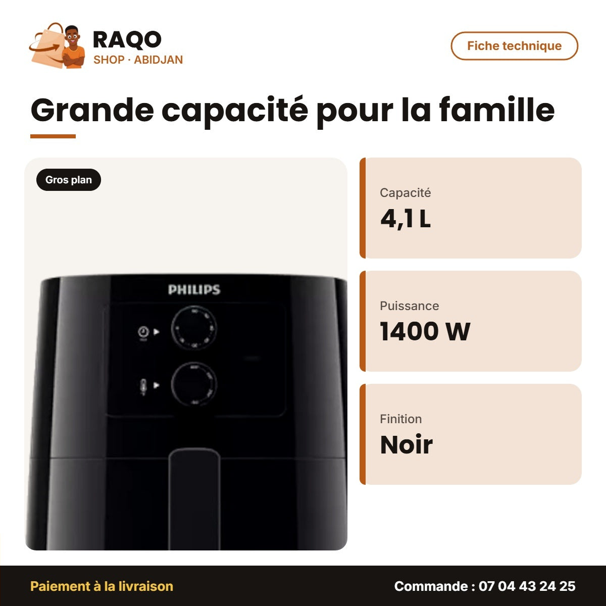Friteuse à Air Philips 1400W 4.1 Litres – 90% Less Fat Noir | HD9200/90