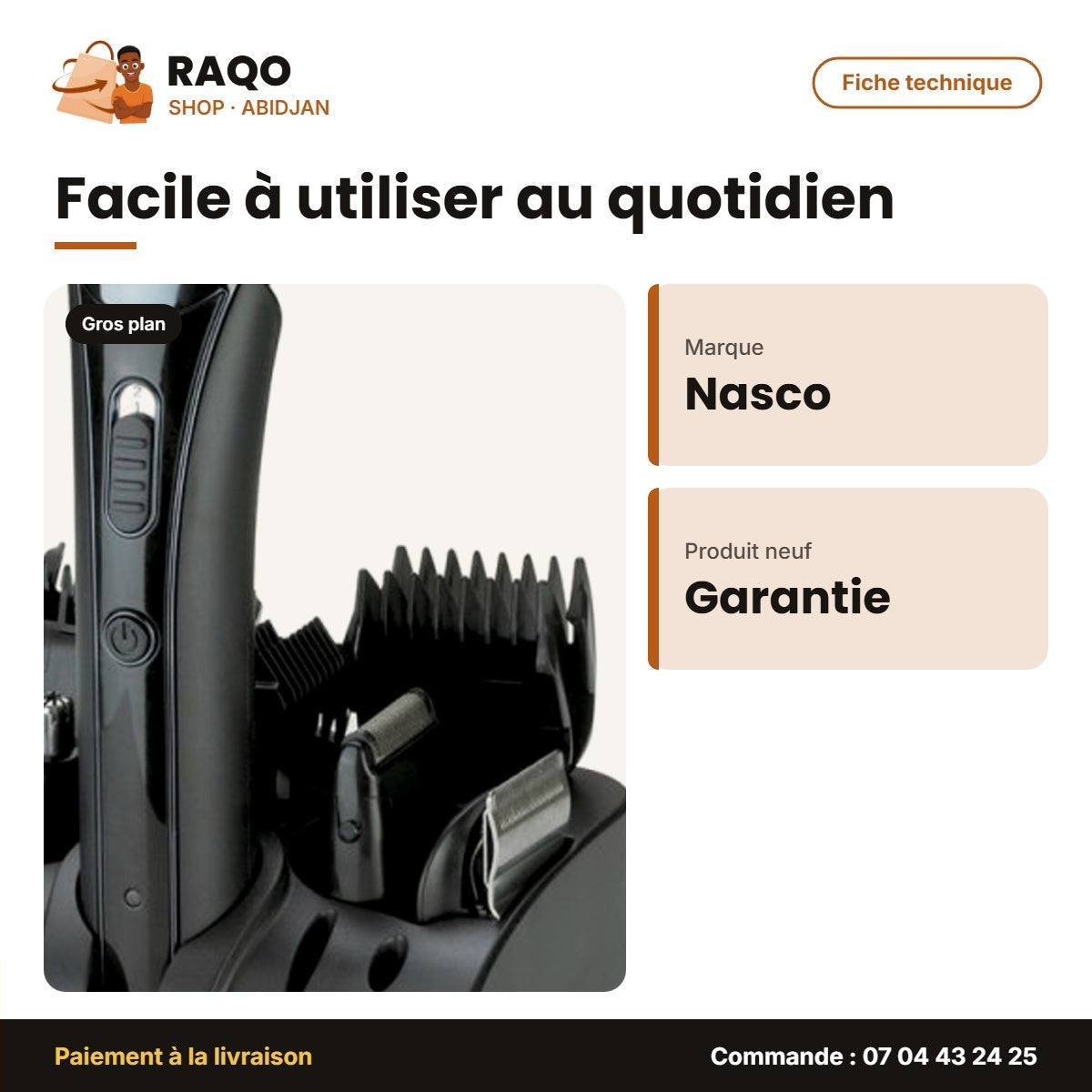 Kit Toilettage Homme Nasco – Tondeuse Électrique – Multifonction – Base + Accessoires | NA-245