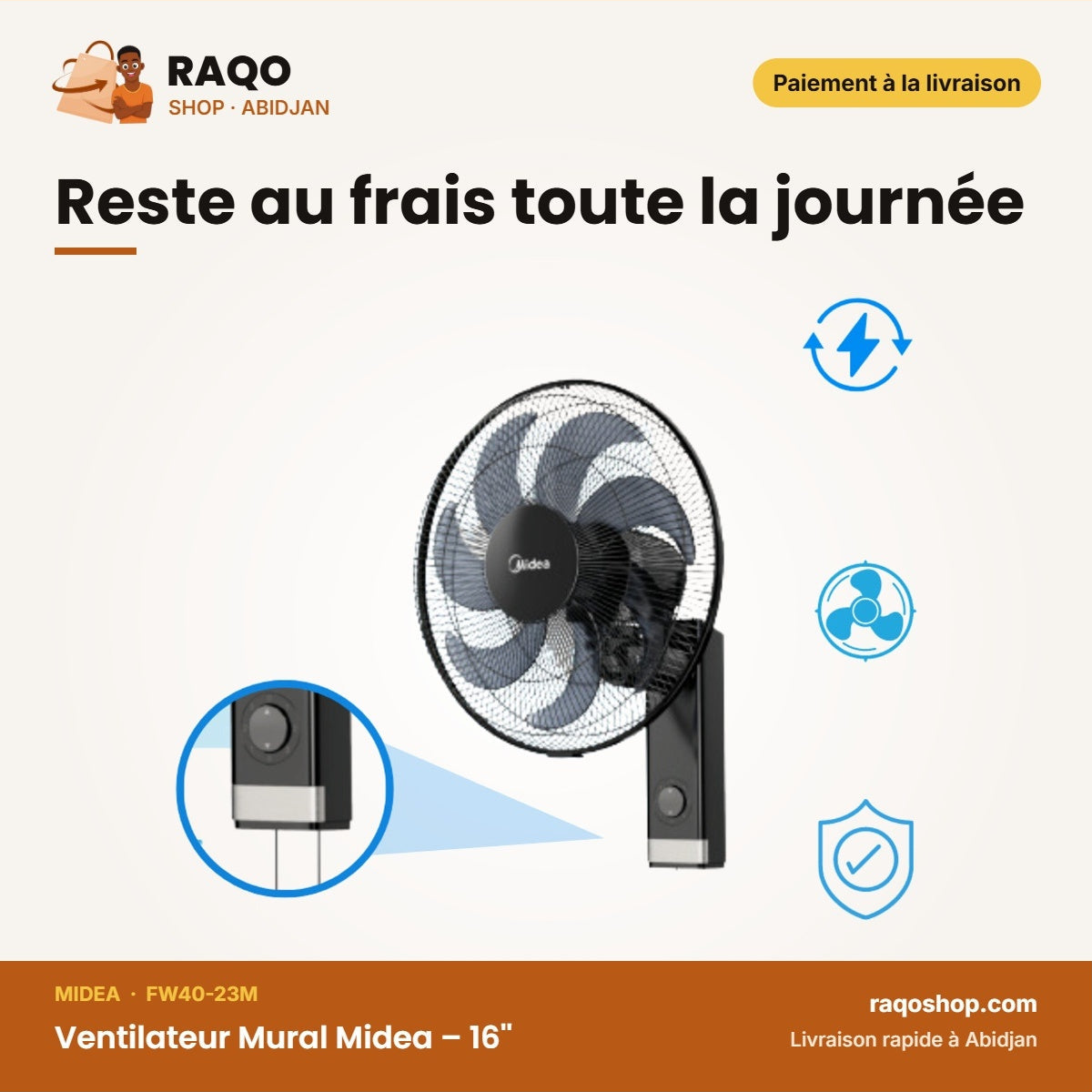 Ventilateur Mural Midea – 16'' – Forme en Pétales de 7 Hélices – Couleur Noir | FW40-23M