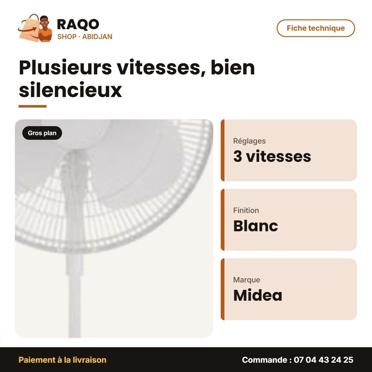 Ventilateur à Pied Midea – Couleur Blanc – 3 Hélices – 3 Vitesses | FS40-19M