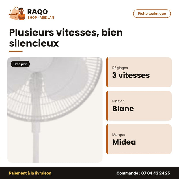 Ventilateur à Pied Midea – Couleur Blanc – 3 Hélices – 3 Vitesses | FS40-19M