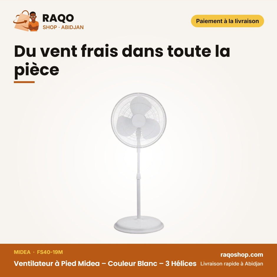 Ventilateur à Pied Midea – Couleur Blanc – 3 Hélices – 3 Vitesses | FS40-19M
