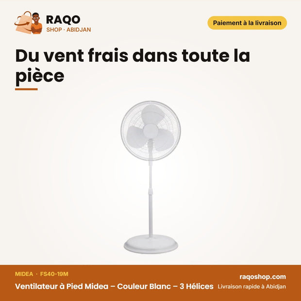 Ventilateur à Pied Midea – Couleur Blanc – 3 Hélices – 3 Vitesses | FS40-19M