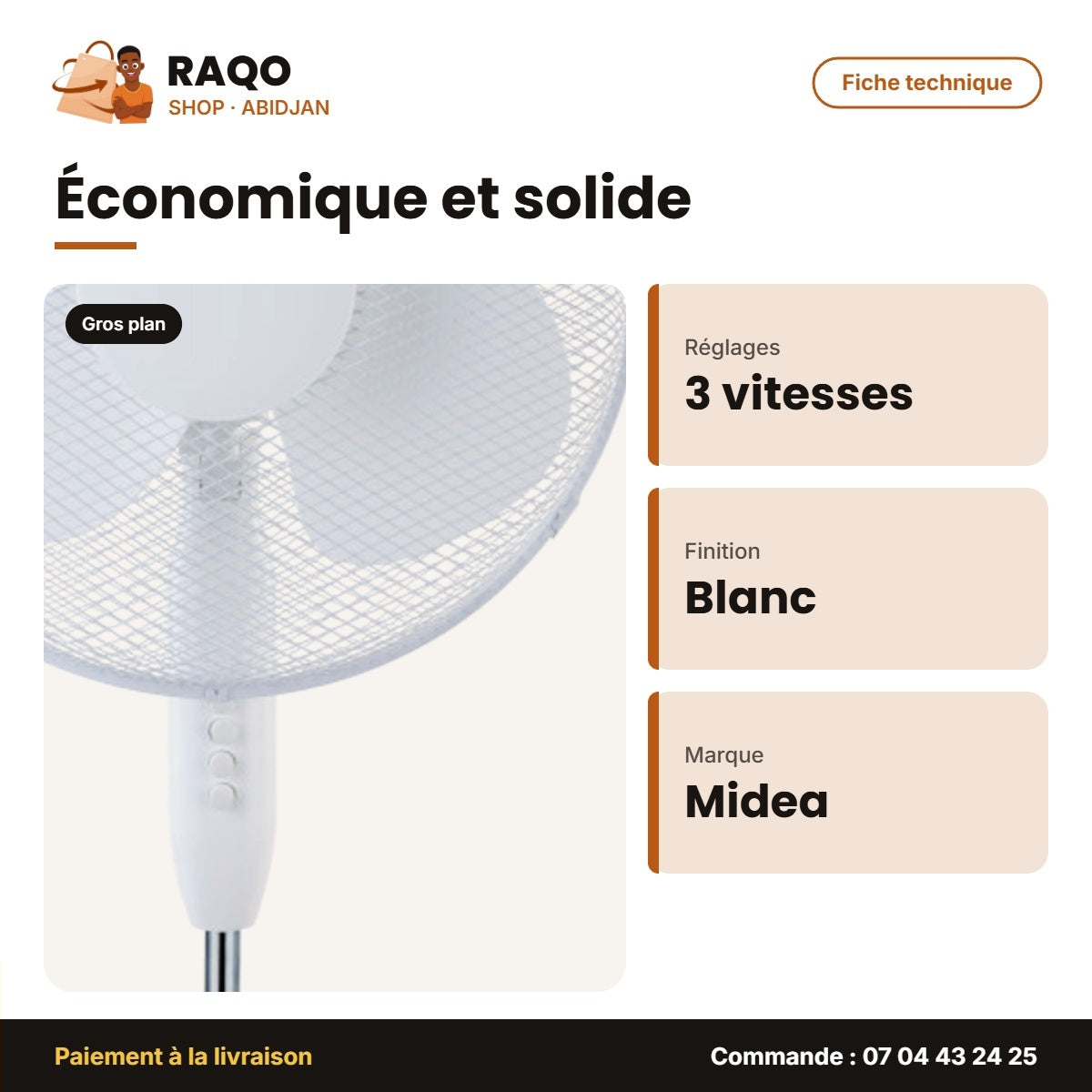 Ventilateur à Pied Midea – 3VITESSES – Blanc – 3 Hélices | VENT_FS40-16JA