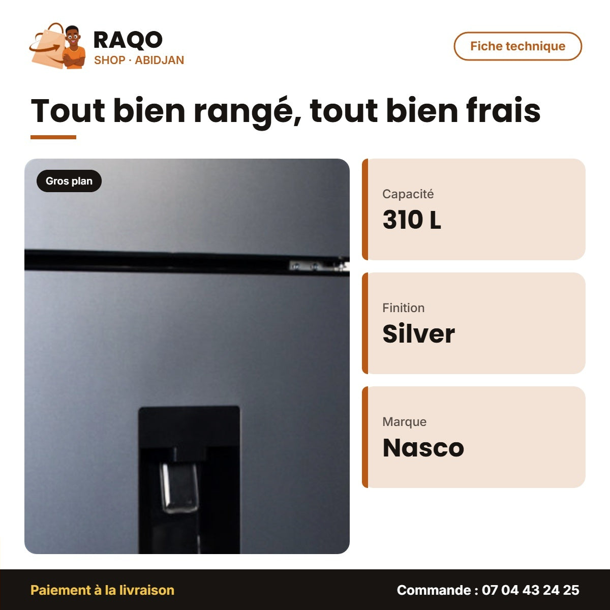 Réfrigérateur Nasco – 310L – 2 Portes – Silver | NASF2-310WD-FL